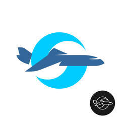 Airplane stylized logo with two blue dynamic motion arrows as a globe sphere. Travel and transportation symbol concept. Maintenance and aircraft technical service theme.