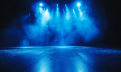 Mysterious empty stage with dramatic blue lights and smoke, spotlight on the shiny floor, ready for performance or presentation in dark ambiance, Generative AI