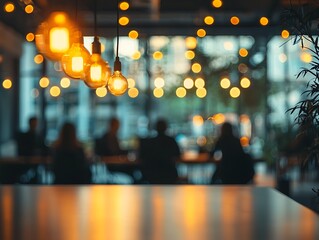 Business office scene featuring a casual meeting with blurred figures of employees, soft bokeh background providing an informal yet professional atmosphere