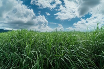 Fototapeta premium Stunning panoramic view of a lush green grass field under a vibrant blue sky with clouds
