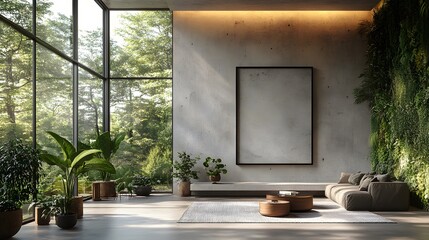 Modern home dining area, blank frame mockup, minimalist decor with green plant, concrete wall design, open layout, 3d rendering
