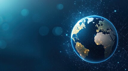 Obraz premium A glowing representation of Earth surrounded by a starry background, highlighting continents and major cities with a cosmic ambiance.