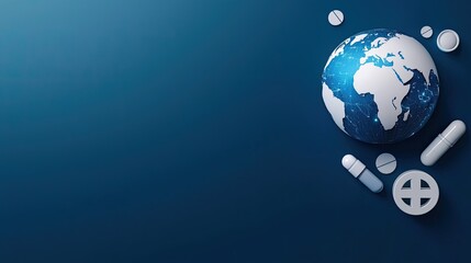A globe surrounded by various medical pills and capsules on a blue background, symbolizing global health and medicine.