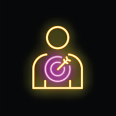 Neon sign depicting a stylized person with a target on their chest, an airplane symbolizing travel aspirations