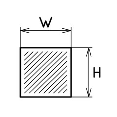 Square box or tile size icon. Width and height length with thin arrow lines. Diagonal line hatching plate surface. Adjustable stroke.