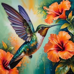 Fototapeta premium Vivid Hummingbird Painting Near Orange Hibiscus.jpeg