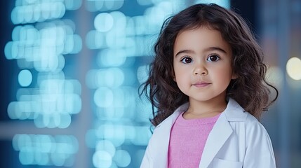 A young girl in a white lab coat looks confidently at the camera, with a soft background of blue lights creating a vibrant, professional atmosphere.