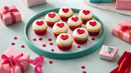 A tray of cupcakes decorated with heart-shaped sprinkles, surrounded by small gift boxes and colorful ribbons.