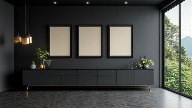 Modern interior design featuring empty frames and large windows with nature view in a stylish living space