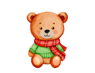 Watercolor illustration of a cute teddy bear in a green sweater and red scarf. Perfect for holiday cards, kids’ products, nursery decor, and seasonal designs. Warm, whimsical, and charming.