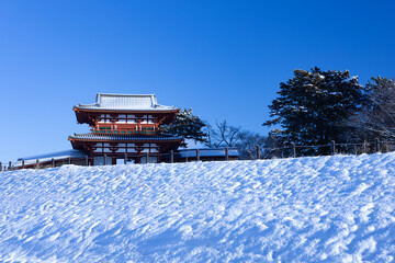 青空と積雪した多賀城南門（国特別史跡）