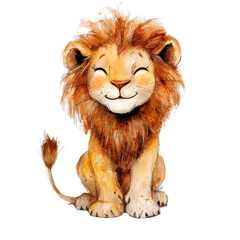 Obraz premium Cute and cheerful cartoon lion with a big smile and fluffy mane., isolated on a transparent background.