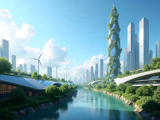 Fototapeta premium Green city featuring ecofriendly buildings, wind turbines, and waterway. Suitable for environmental themes, sustainable development projects, and clean energy concepts.