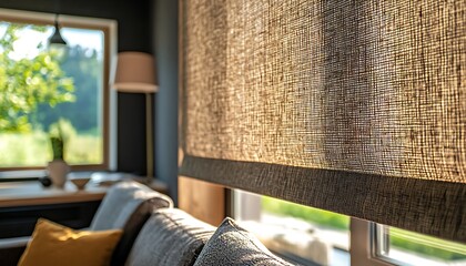 Close-up details of a brown fabric roller blind on a plastic window, with a backdrop of a cozy living room and wood textures