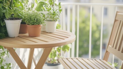 Fototapeta premium Balcony Oasis A Serene Urban Balcony Transformed into a Vibrant Mini Garden with Potted Plants and Wooden Furniture