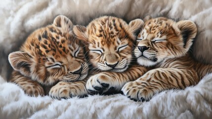 Obraz premium Three Sleeping Leopard Cubs: A Peaceful, Realistic Painting