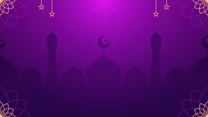 Simple Vibrant Purple Gradient Islamic Horizontal Background with Mosque Silhouette Gold Ornaments