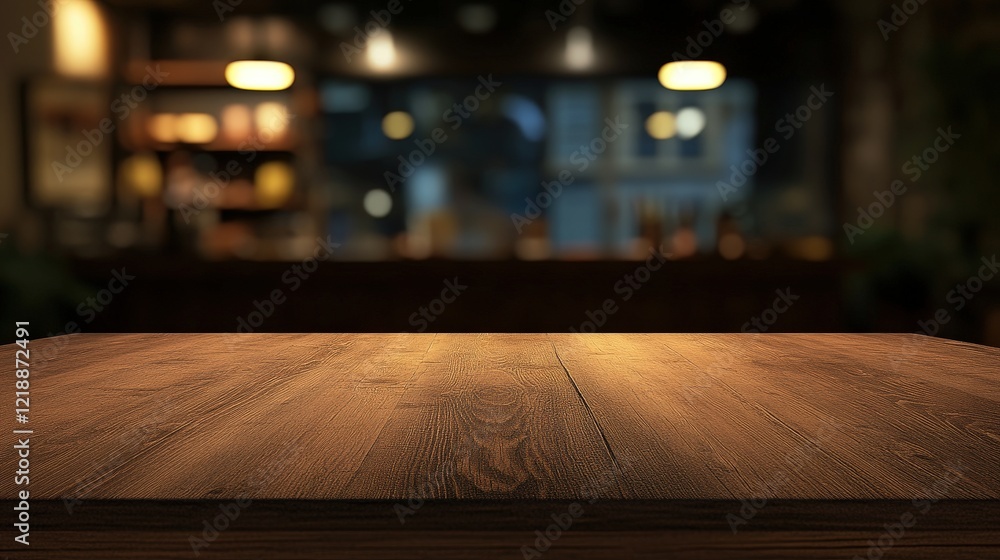 Aufkleber empty pine wooden table in cozy cafe setting with blurred background, ideal for displaying products 