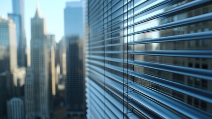Close-up view of aluminum Venetian blinds, with the cityscape outside creating an urban backdrop