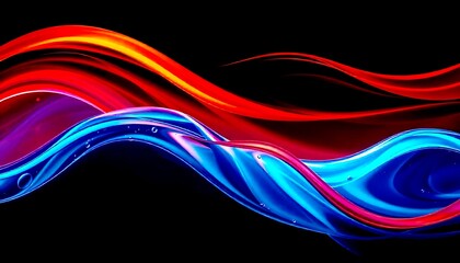 Bold red, orange, and blue abstract waves on a dark background
