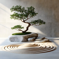 Zen Garden Bonsai: A serene image of a miniature bonsai tree nestled in a rock garden, encircled by a meticulously raked sand pattern. Sunlight streams through, enhancing the tranquil atmosphere. 