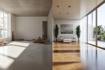 Fototapeta premium Stunning before and after renovation from raw construction materials to a polished modern interior