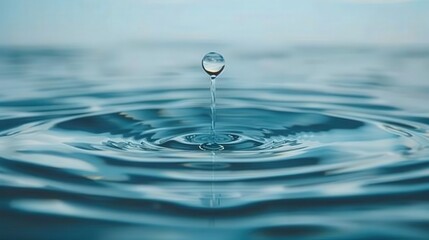 A close-up of a water droplet creating ripples in a tranquil blue surface, capturing the beauty of nature's fluid dynamics.