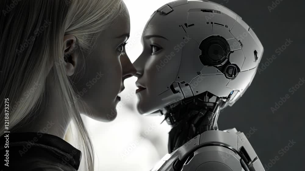 Poster Close encounter between human and android in a futuristic setting highlighting connection and technology