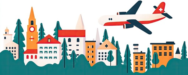 Obraz premium A colorful illustration featuring a plane flying over a quaint town with trees and various buildings, showcasing a vibrant travel scene.