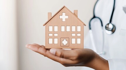 A hand holds a wooden model of a house with a medical cross, symbolizing healthcare, home, and wellness.