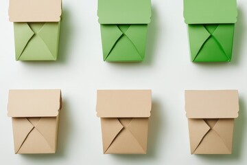Eco-Friendly Food Packaging Design Concept  A Flat Lay showcasing  Beige and Green Takeout Containers, Ideal for Branding and Mockups.