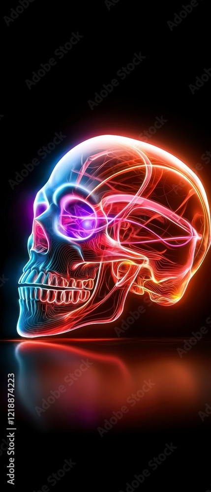 Poster dynamic neon skull art digital creation abstract background vibrant environment close-up view concep