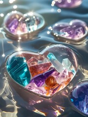 a close-up of clear heart in water. The water is shallow, Generative AI