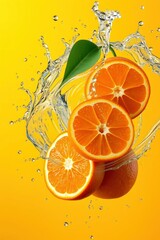 Juicy Orange Slices Splashing in Vibrant Yellow