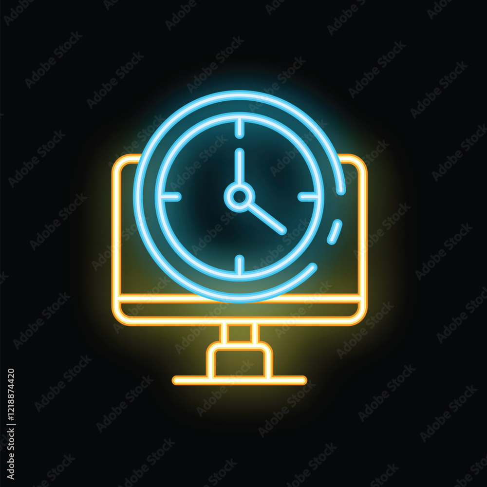 Poster neon icon of a clock displaying on a computer screen representing the concept of time management