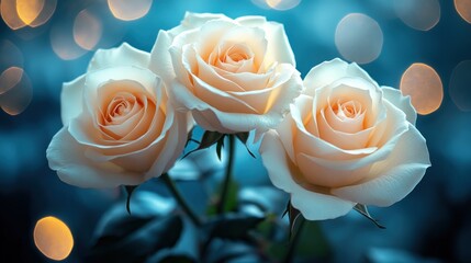 Three cream roses, bokeh background, romantic, card