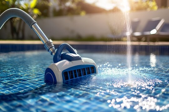 Chunky blue and white vacuum with long hose efficiently cleans a sparkling pool in bright sunlight