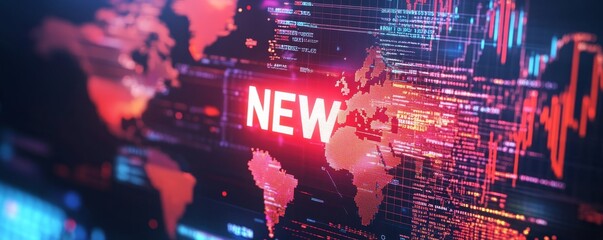 Global digital news concept with bold NEWS lettering overlaying a binary code matrix, world map, and financial graphs representing instant access to international information, Generative AI