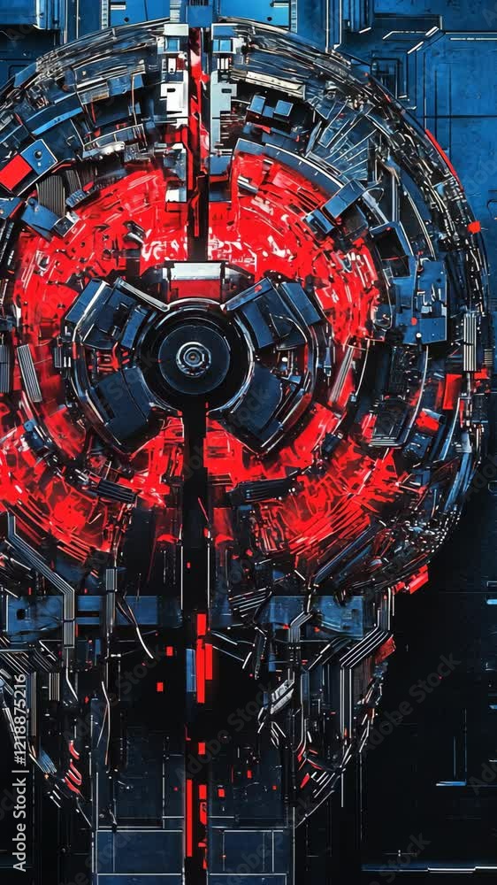 Poster intricate abstract design with red and blue elements showcasing technology and innovation in a futur