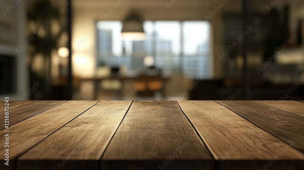 Poster empty wooden surface in office building with blurred background highlighting modern work environment