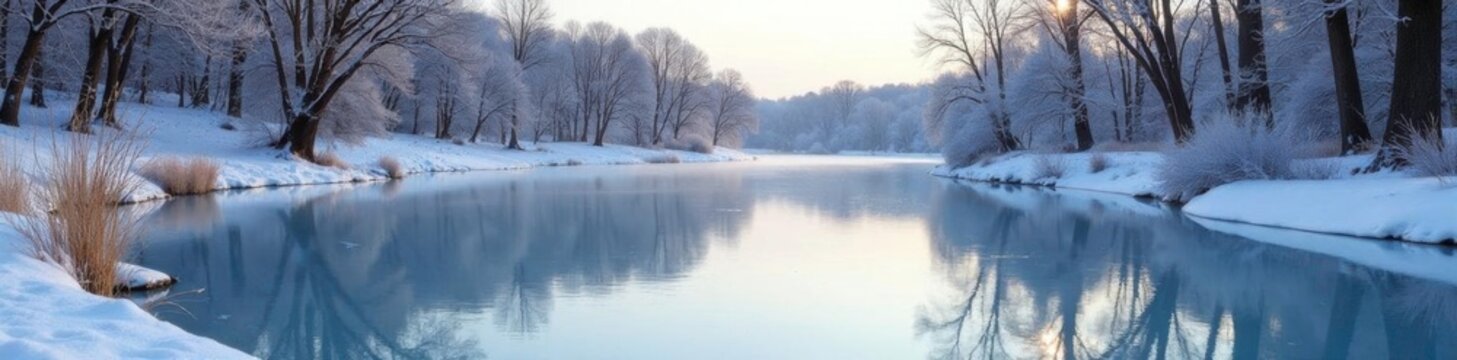A frozen pond reflects a serene winter landscape in Framingham, , framingham
