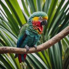 A baby parrot with colorful feathers, perched on a tropical branch with palm leaves.