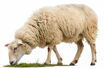 Fototapeta premium A fluffy sheep grazes on green grass, showcasing its thick woolly coat and serene demeanor in a natural setting.