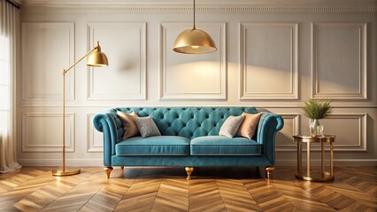 Fototapeta premium Chic Blue Pastel Sofa, Gold Lamp, Soft Light Interior 3D Render
