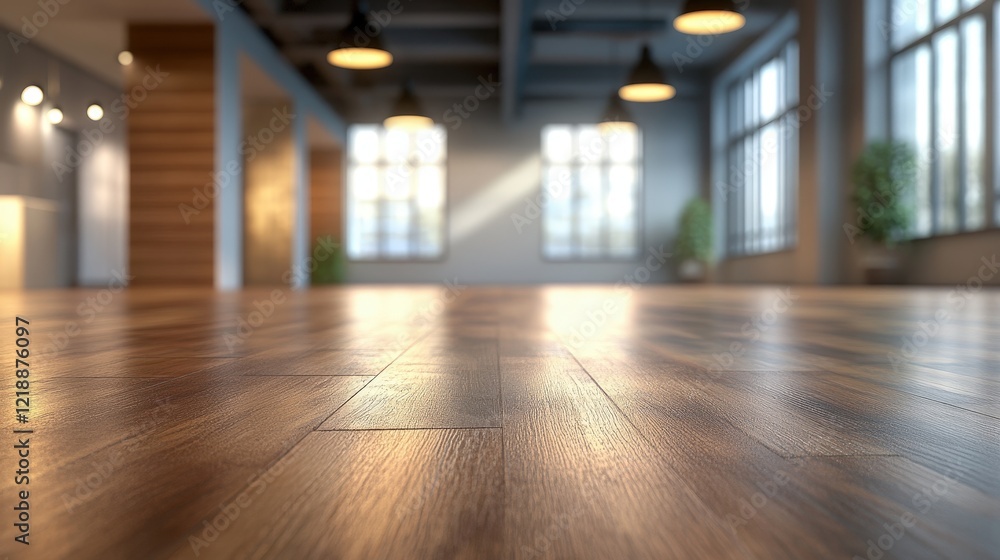 Poster elegant wooden floor in an empty modern office building with bright natural light streaming through 