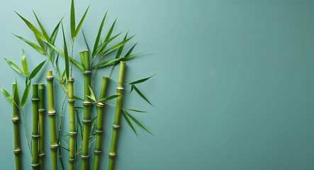 Bamboo leaves placed neatly on a plain soft teal background