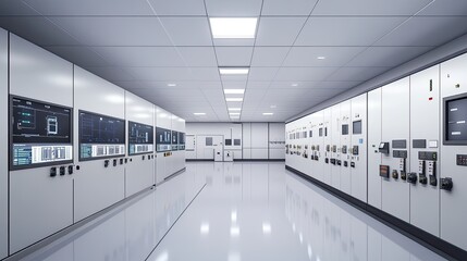 Modern Control Room Interior with Advanced Equipment and Large Monitoring Screens