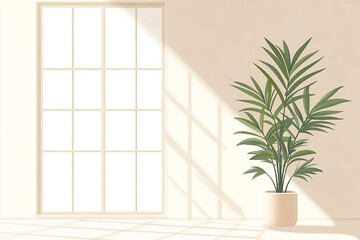 Sunlit Room with Large Window and Potted Plant Illustration creating a serene atmosphere