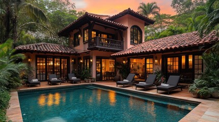 Tropical Villa Sunset Poolside Relaxation