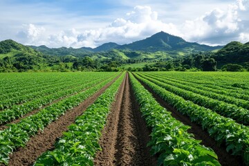 Lush Rows of Organic Crops Flourishing Against a Dramatic Mountain Landscape, Showcasing Sustainable Agriculture and Natural Beauty